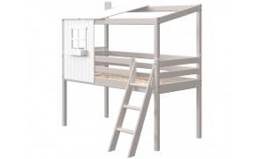 letto Casa Classic elevato con scala inclinata tetto 1/2 - Dimesione 210cm - Colore Bianco - Dettaglio Grigio